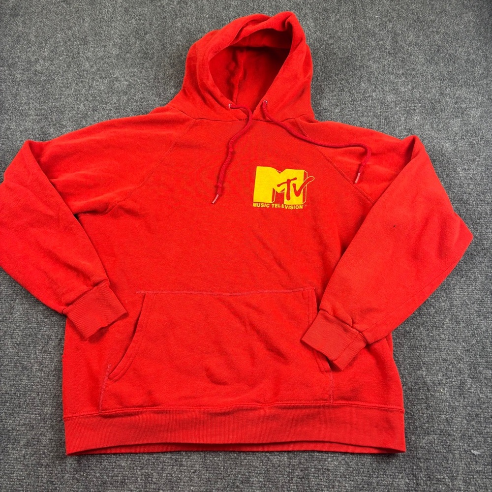 MTV Vintage Red Hooded Sweatshirt w/Yellow Logo 80s size: Large - Picture 1 of 9